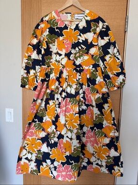 L.F. Markey Navy Floral Cotton Casual Midi Dress with Pink & Orange Blooms